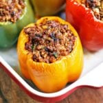 Stuffed peppers without rice are served in a baking dish.