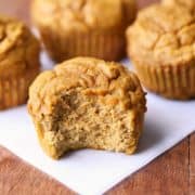 Keto pumpkin muffins are served on a square of parchment paper.