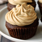 Keto chocolate cupcakes are topped with frosting.