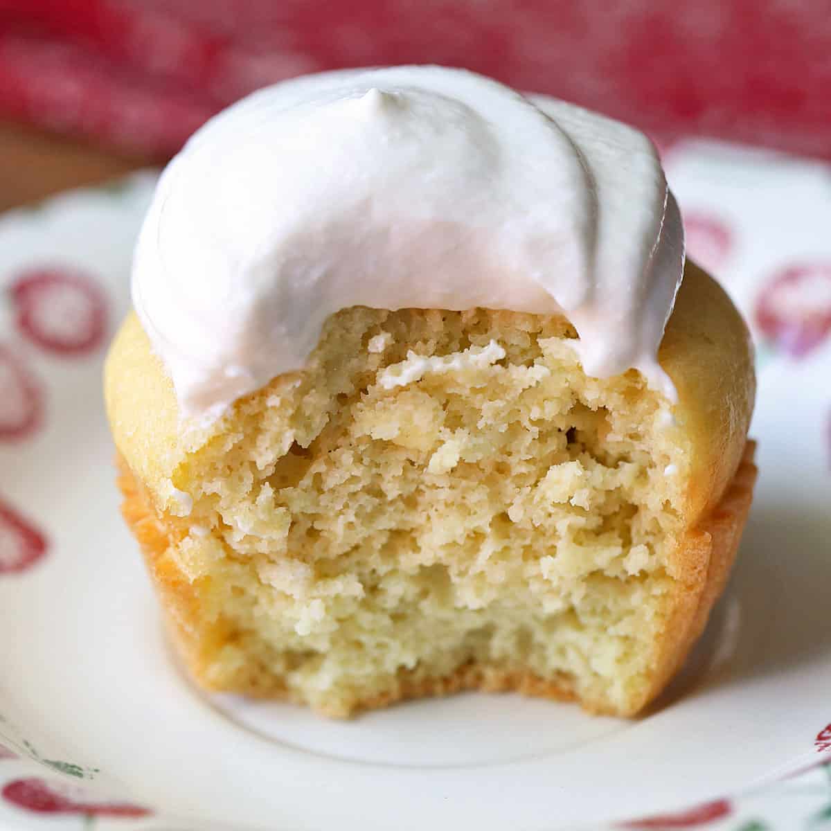 Yogurt frosting was piped onto a cupcake.