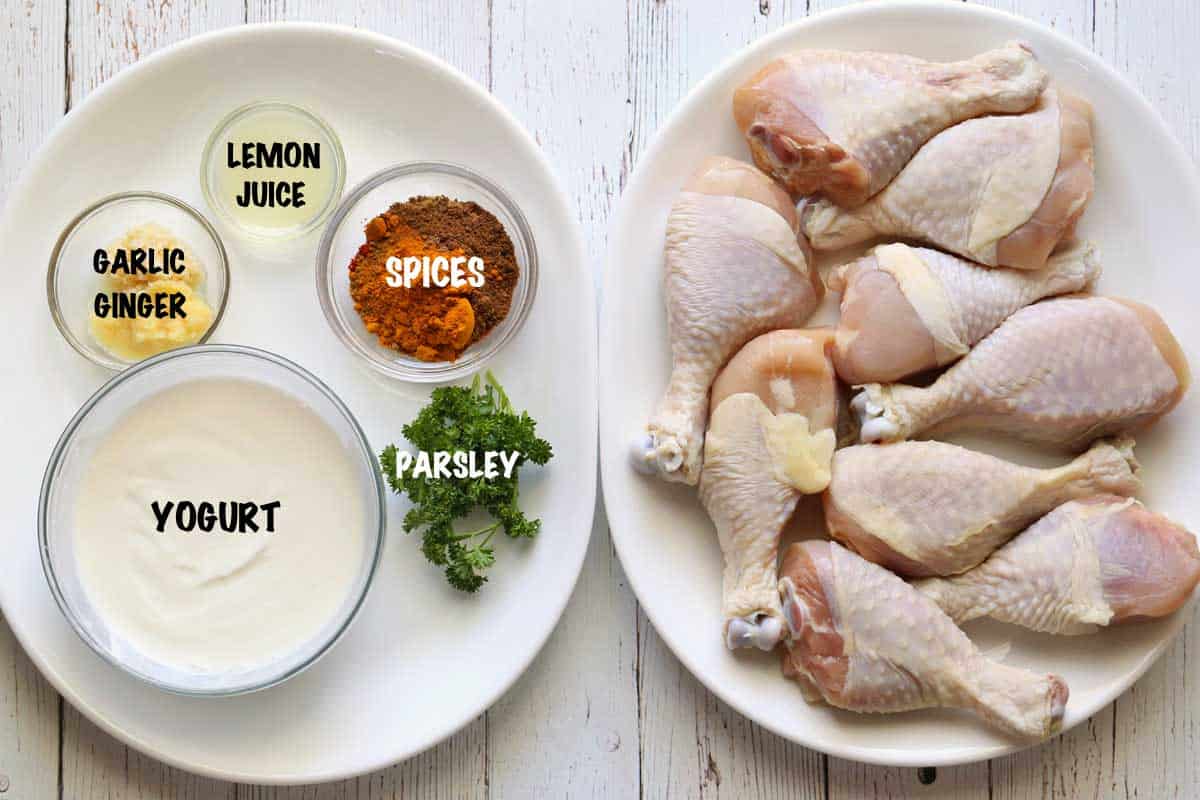 The ingredients needed to make oven tandoori chicken.