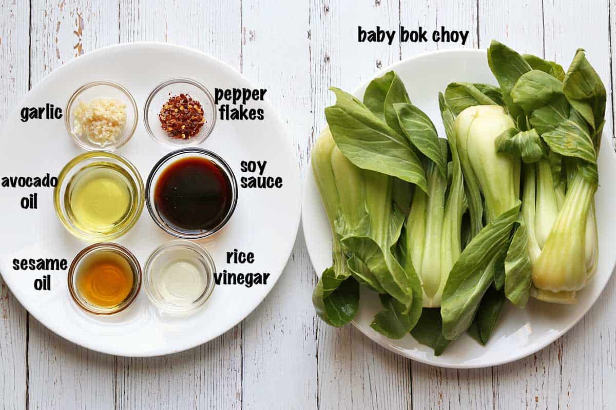 The ingredients needed to make sauteed bok choy.