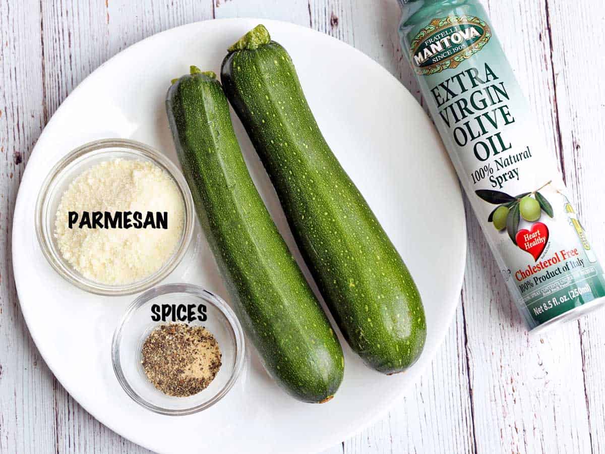 The ingredients needed to make zucchini chips.