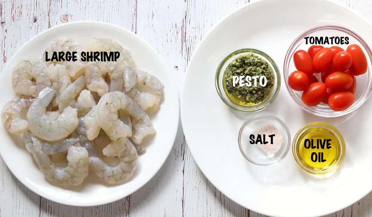 The ingredients needed to make pesto shrimp.