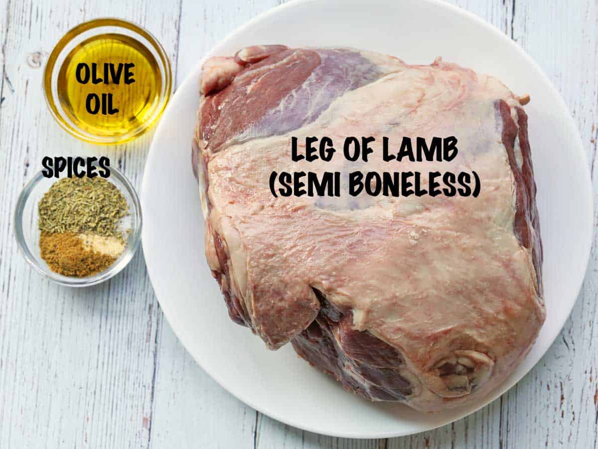 The ingredients needed to cook a leg of lamb.