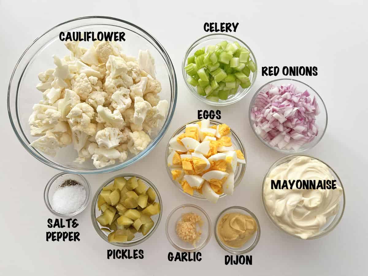 The ingredients needed to make cauliflower potato salad.