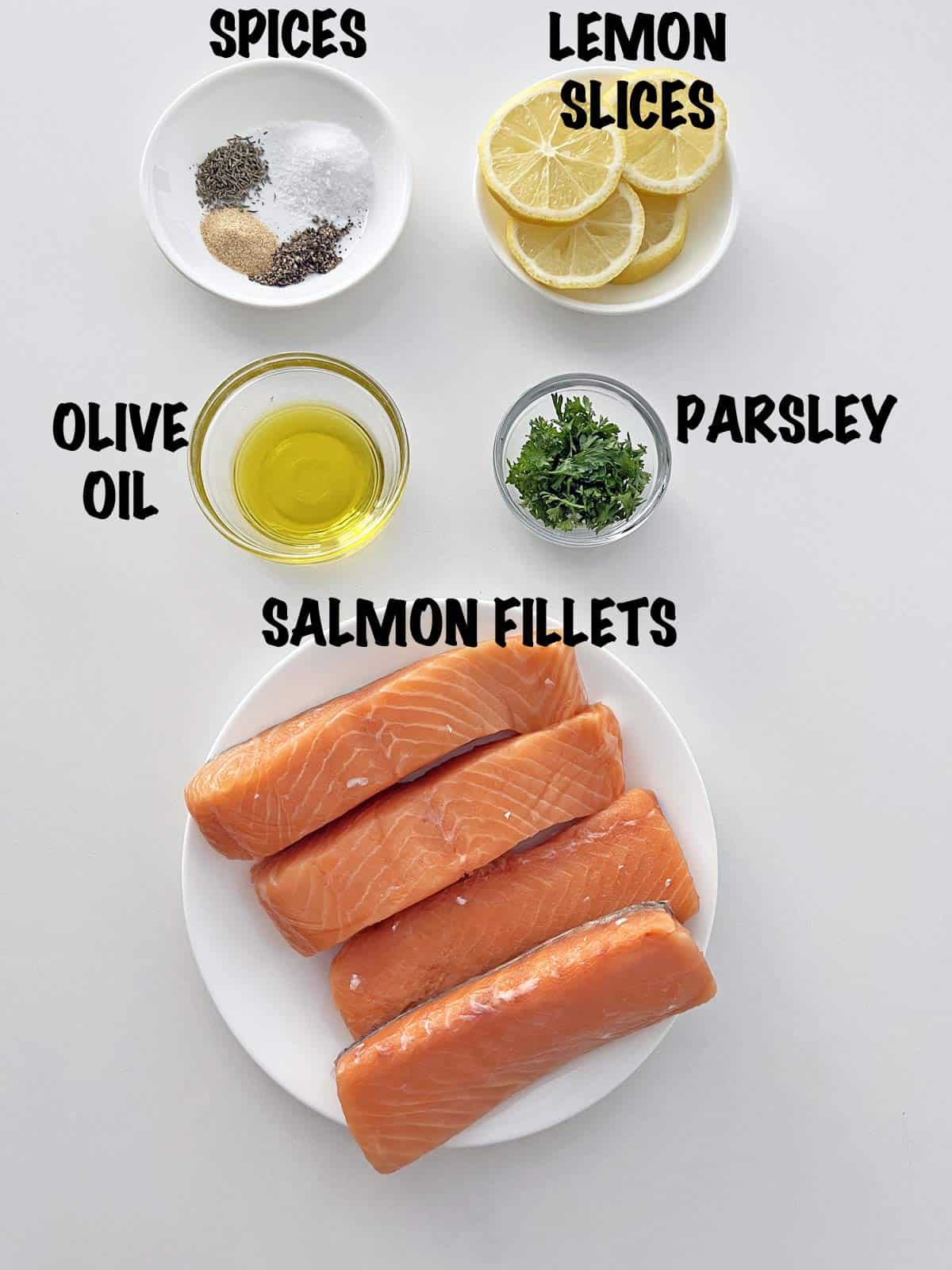 The ingredients needed for baking salmon in the oven.