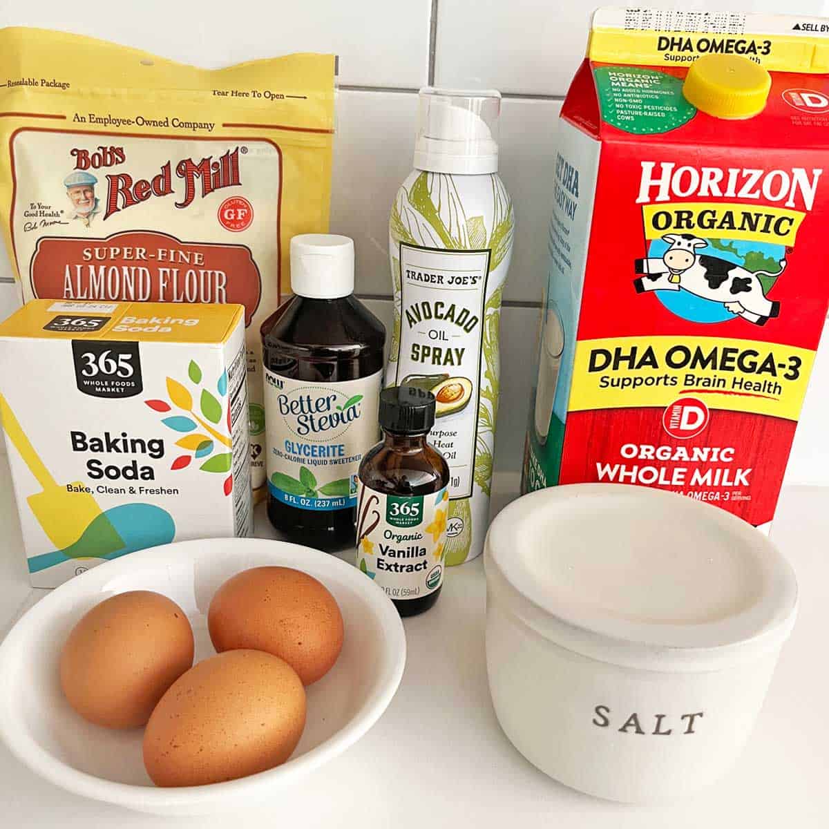 The ingredients needed to make almond flour pancakes.