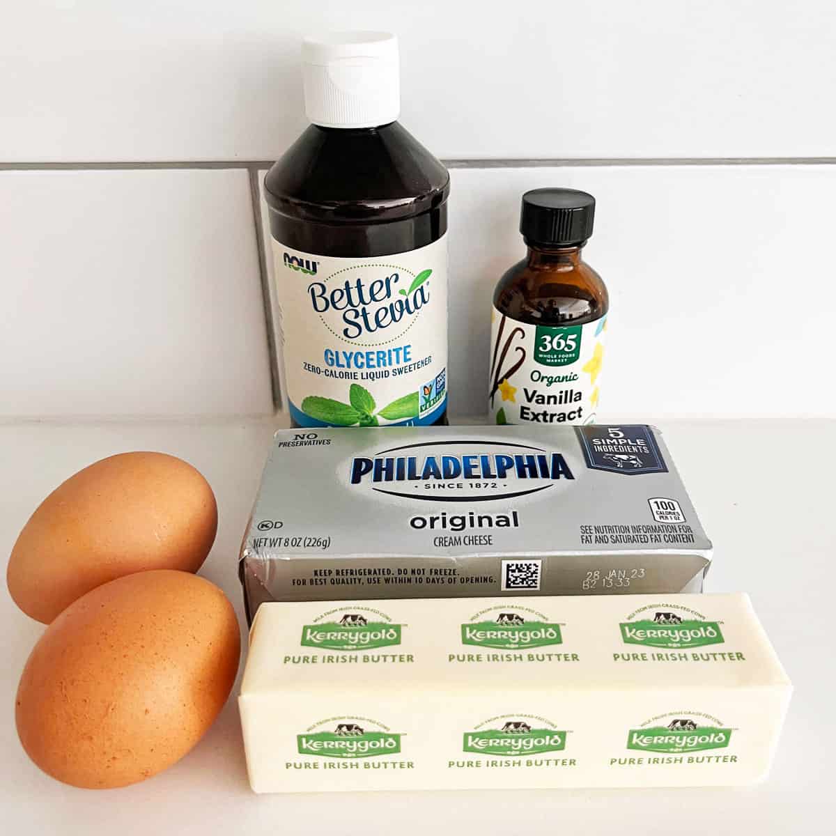 The ingredients needed to make cream cheese pancakes.