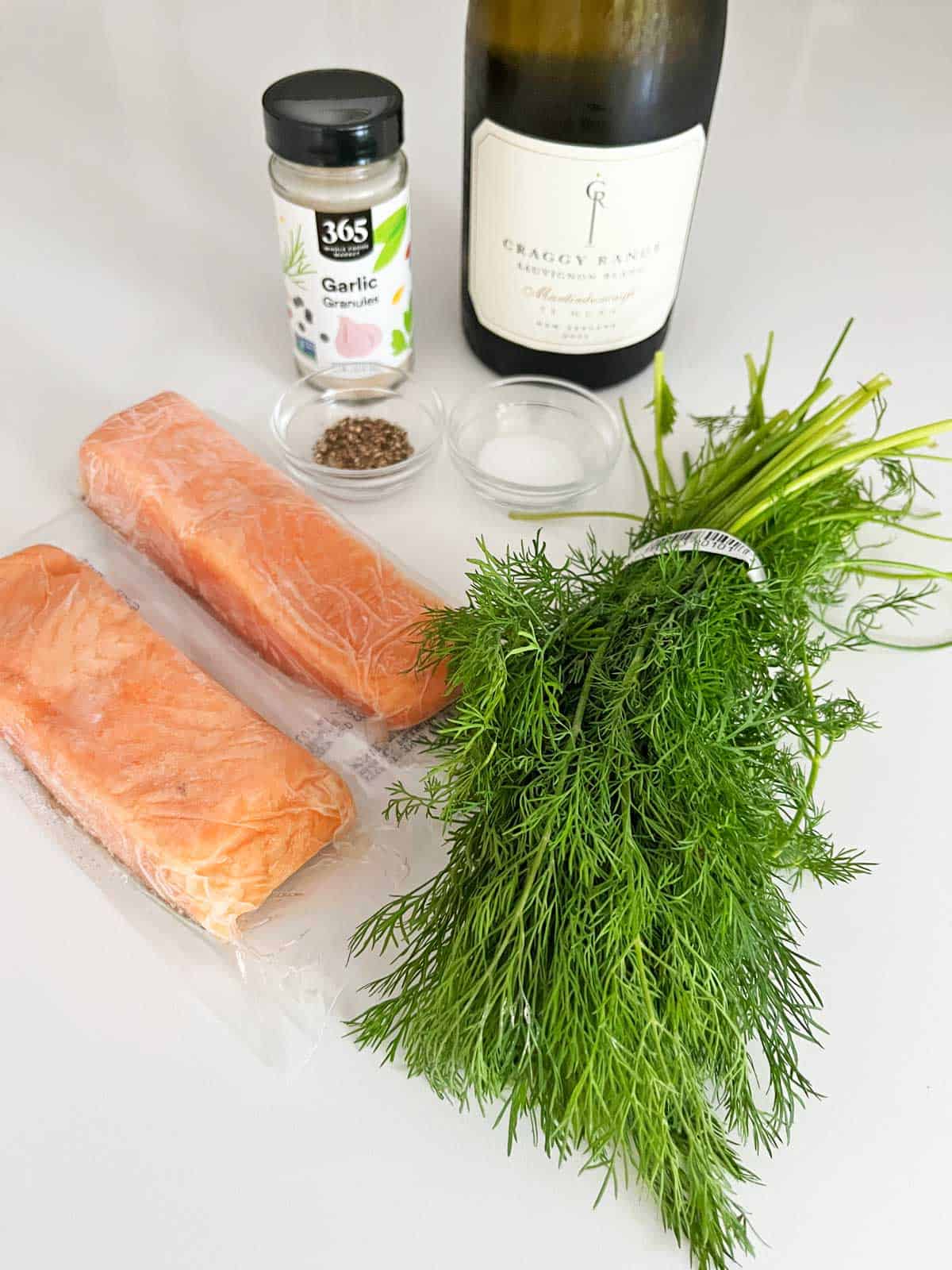 The ingredients needed to poach salmon.