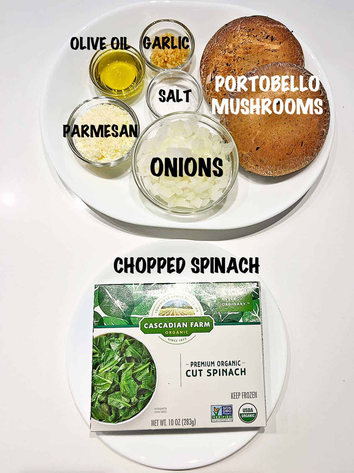 The ingredients needed to make stuffed portobello mushrooms.