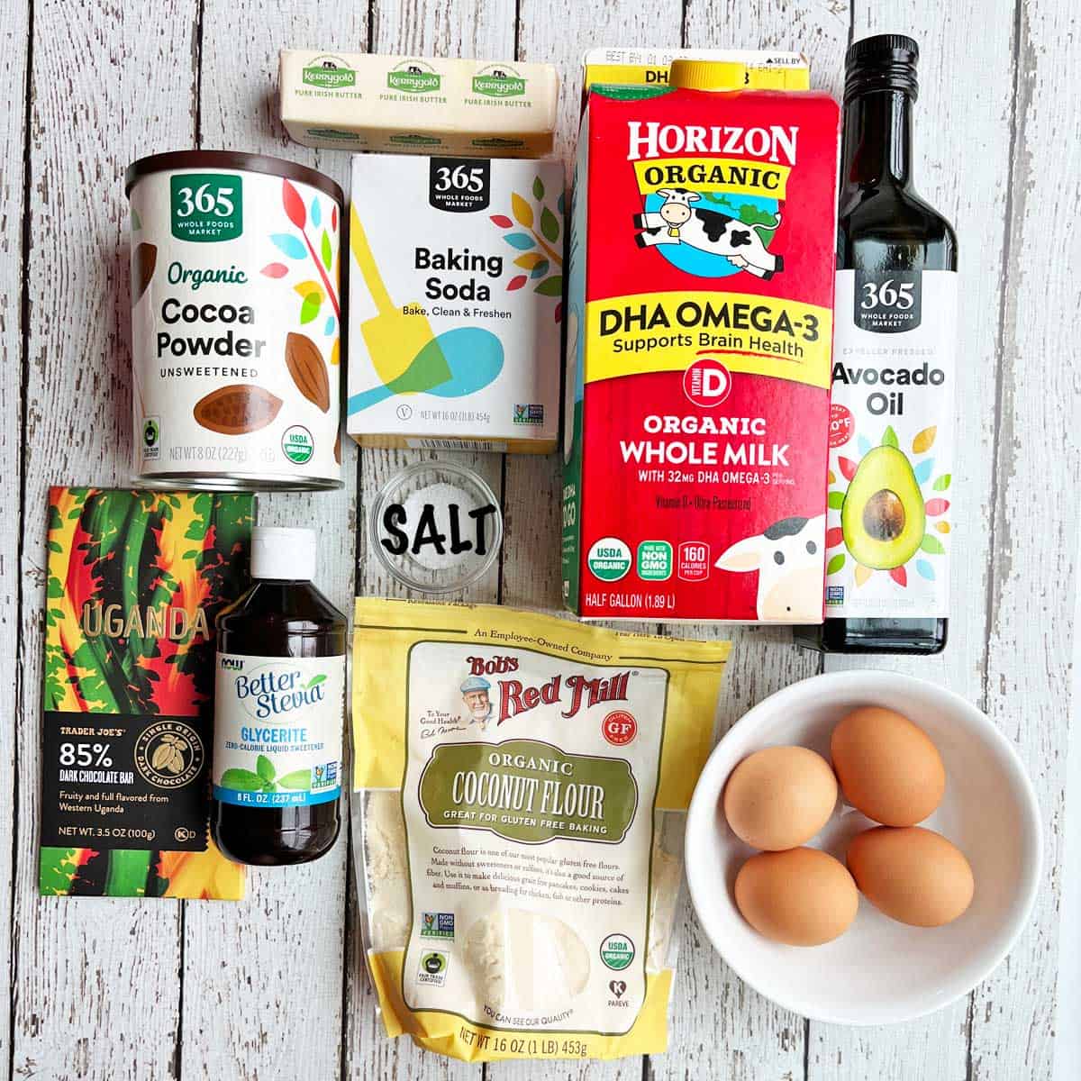 The ingredients needed to bake keto donuts.