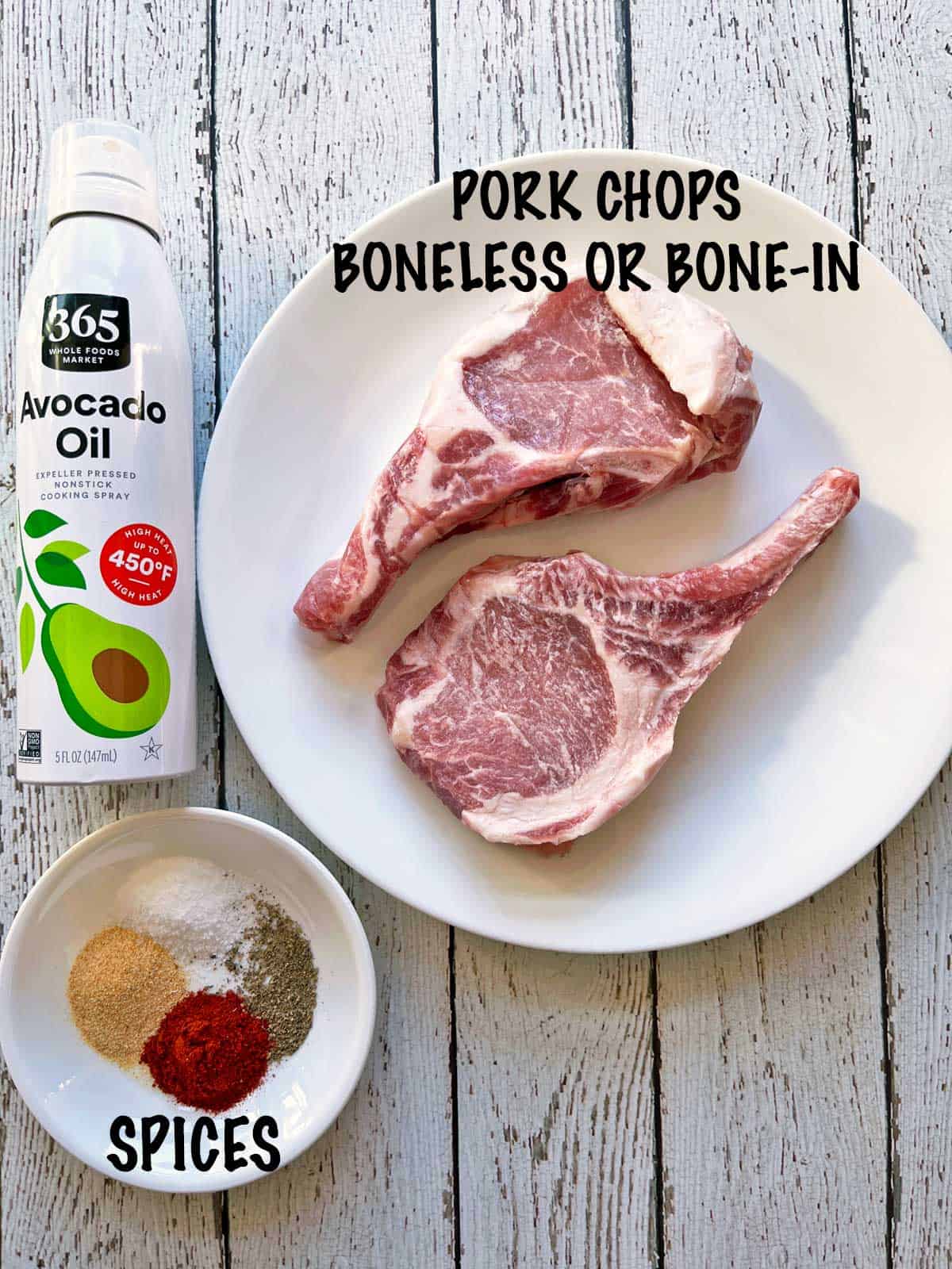 The ingredients needed to cook pork chops.