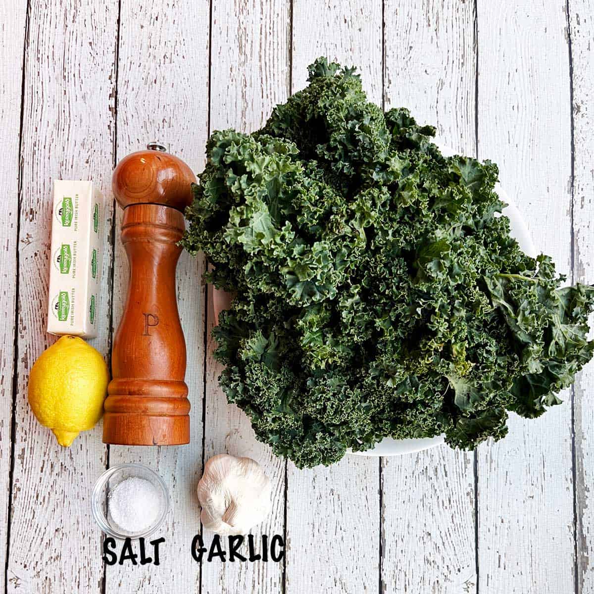 The ingredients needed to saute kale.