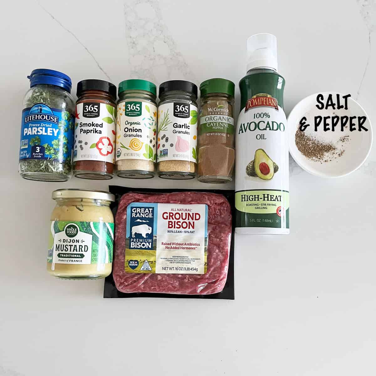 Te ingredients needed to make bison burgers.