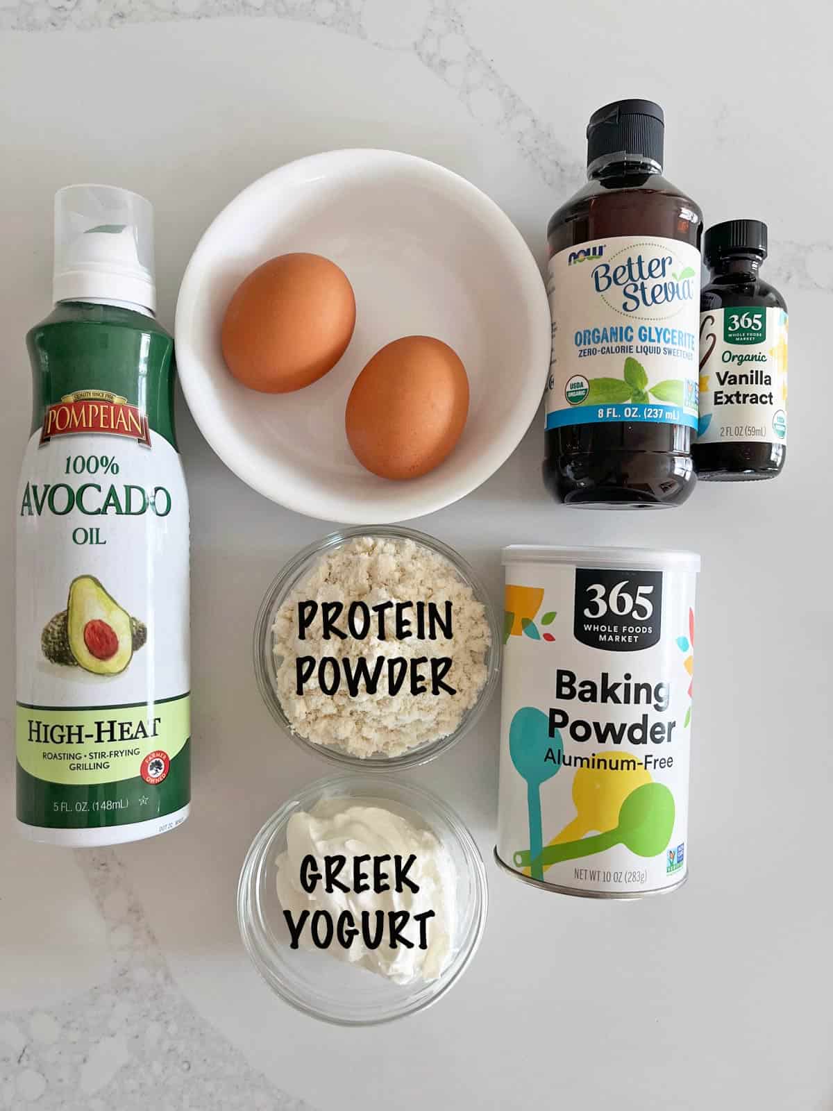 The ingredients needed to make protein pancakes.