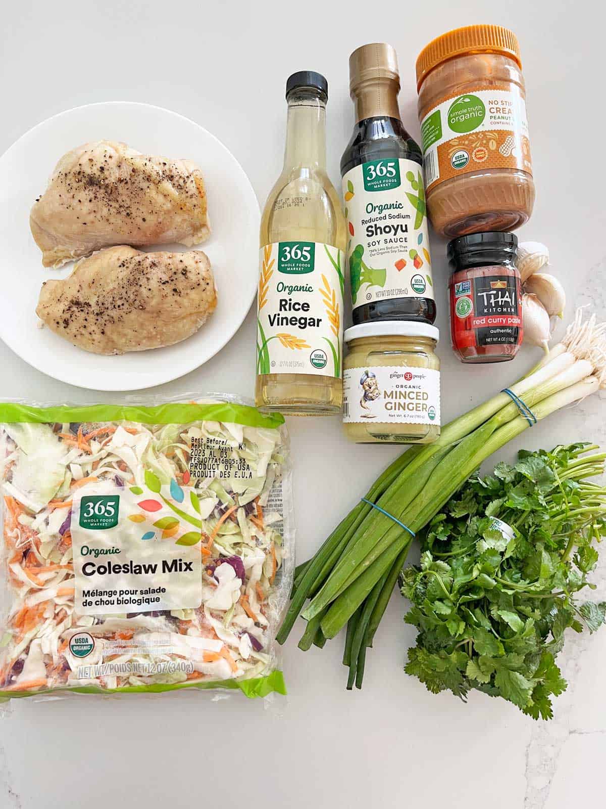 The ingredients needed to make Thai chicken salad.