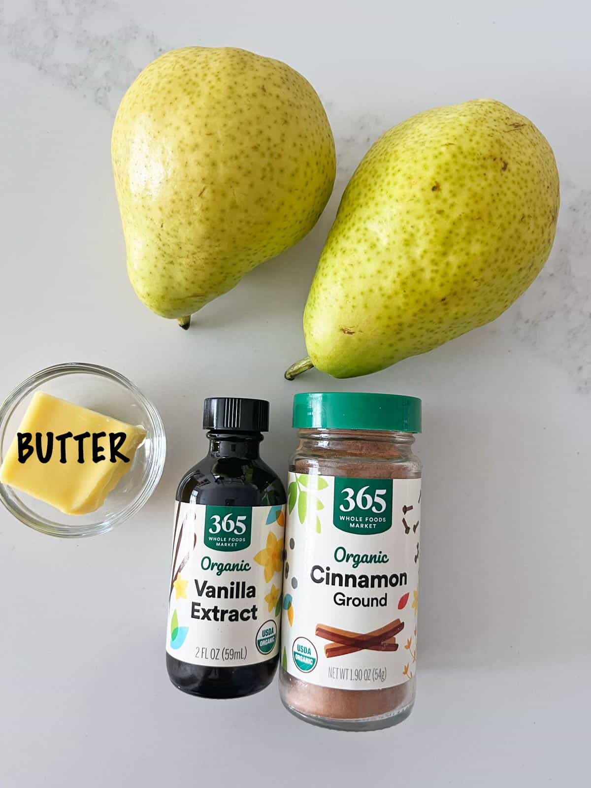 The ingredients needed to bake pears.