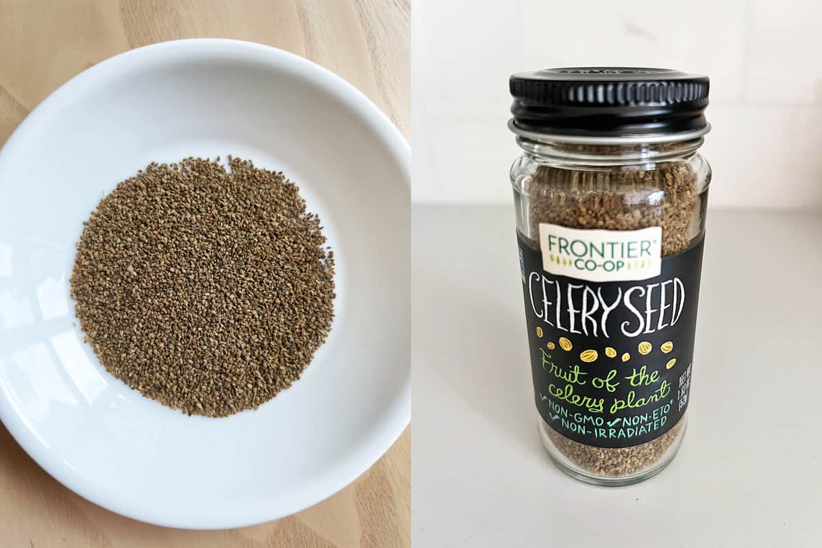 A two-photo collage showing celery seeds in a bowl and a jar of celery seeds.