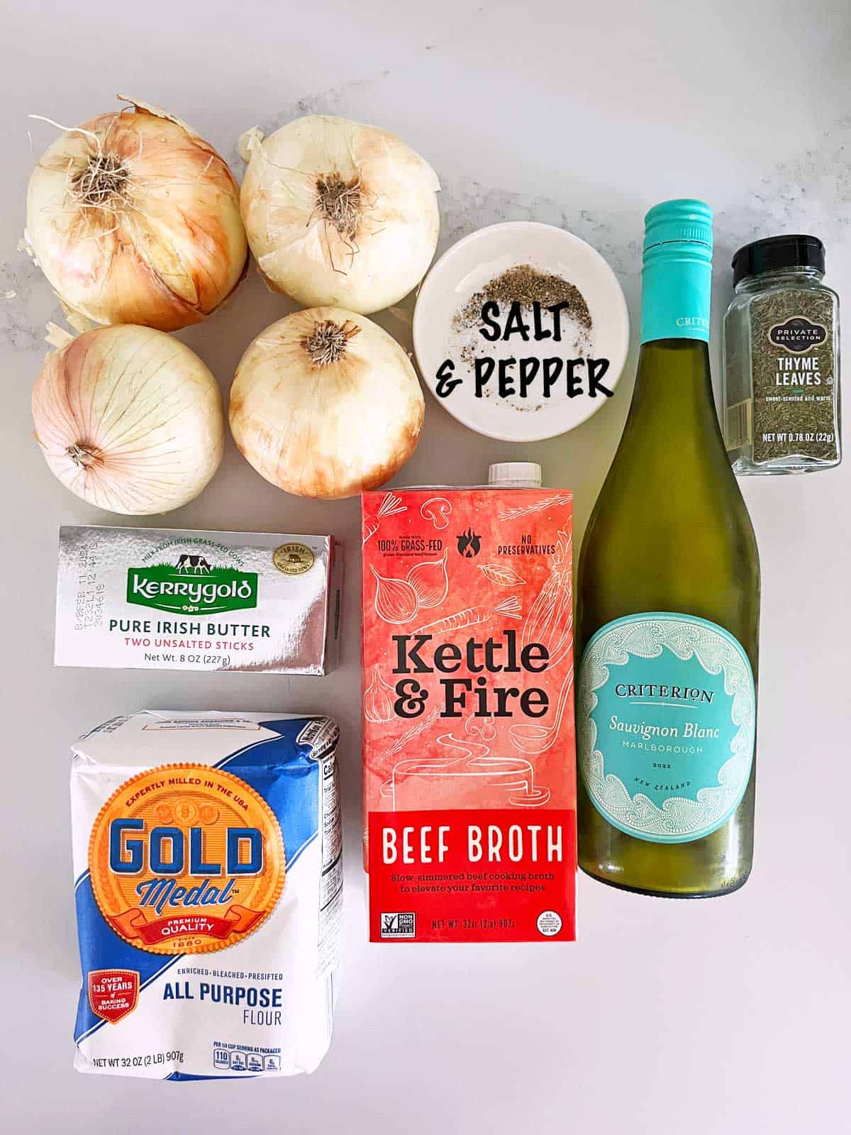 The ingredients needed to make an onion soup.
