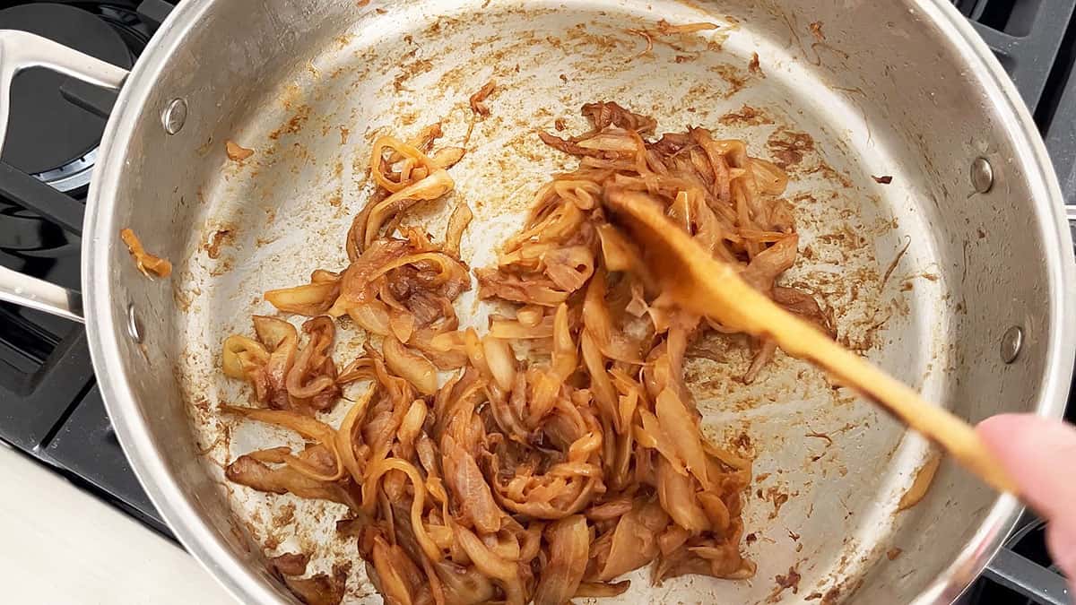The last stage of cooking the onions. They are now fully caramelized.