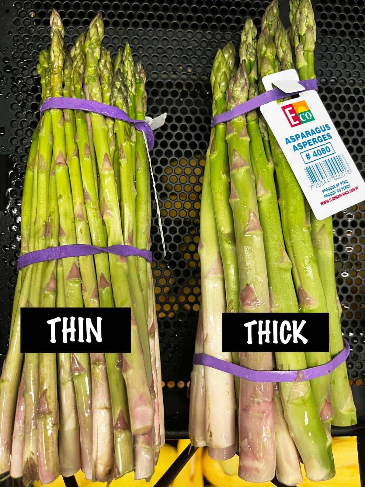 Two asparagus bunches. On the left, thin spears; on the right, thick ones.