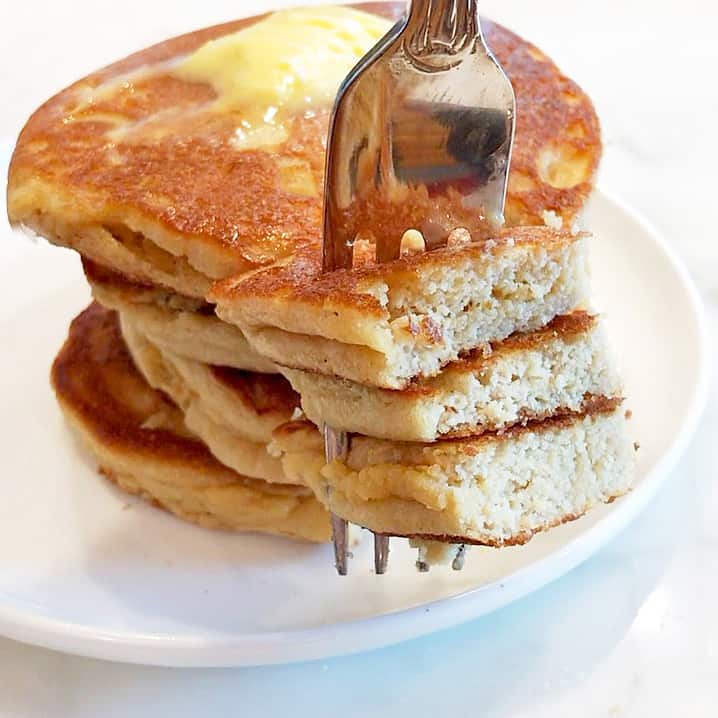 Almond flour pancakes were cut to show their fluffy texture.