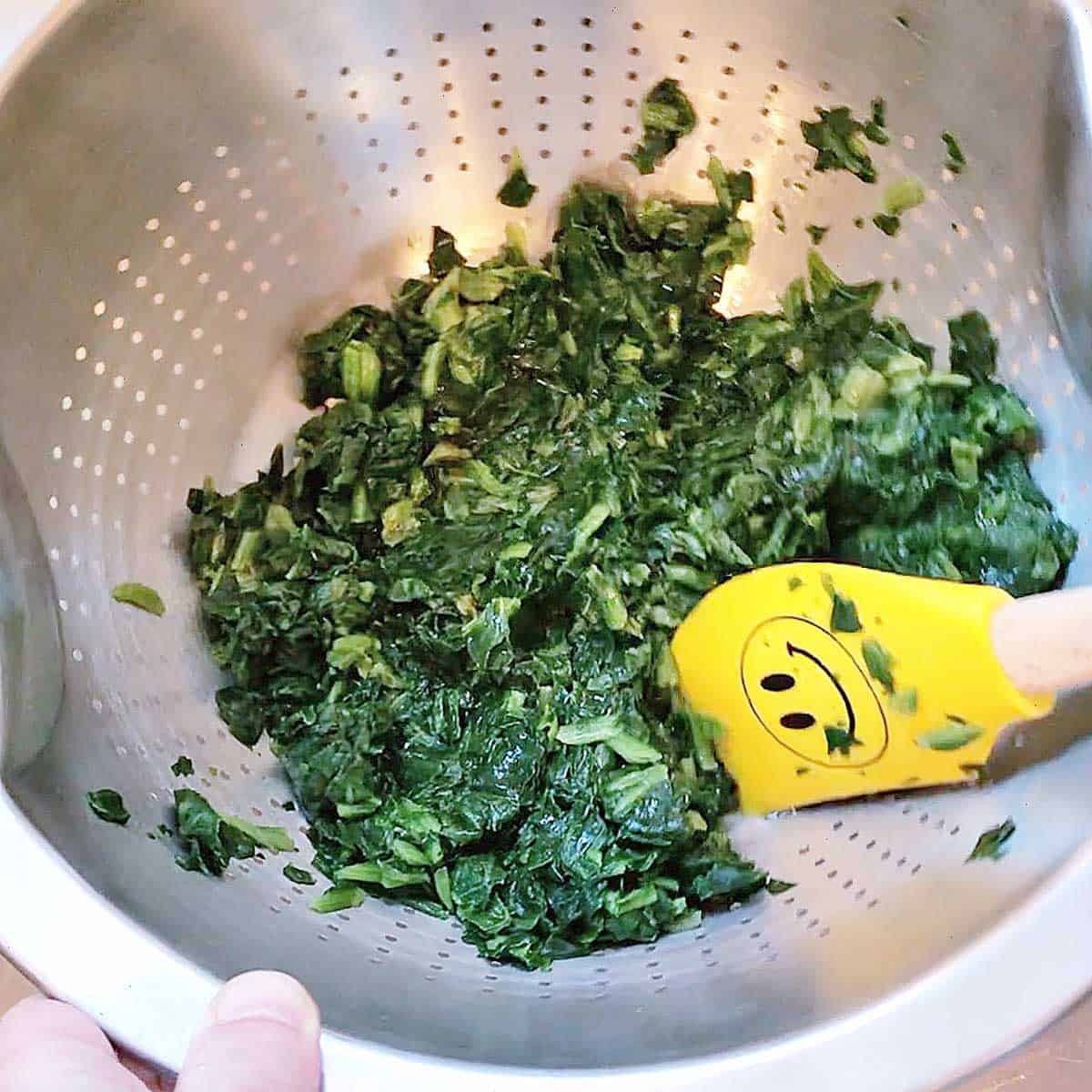 Thawed spinach in a colander.