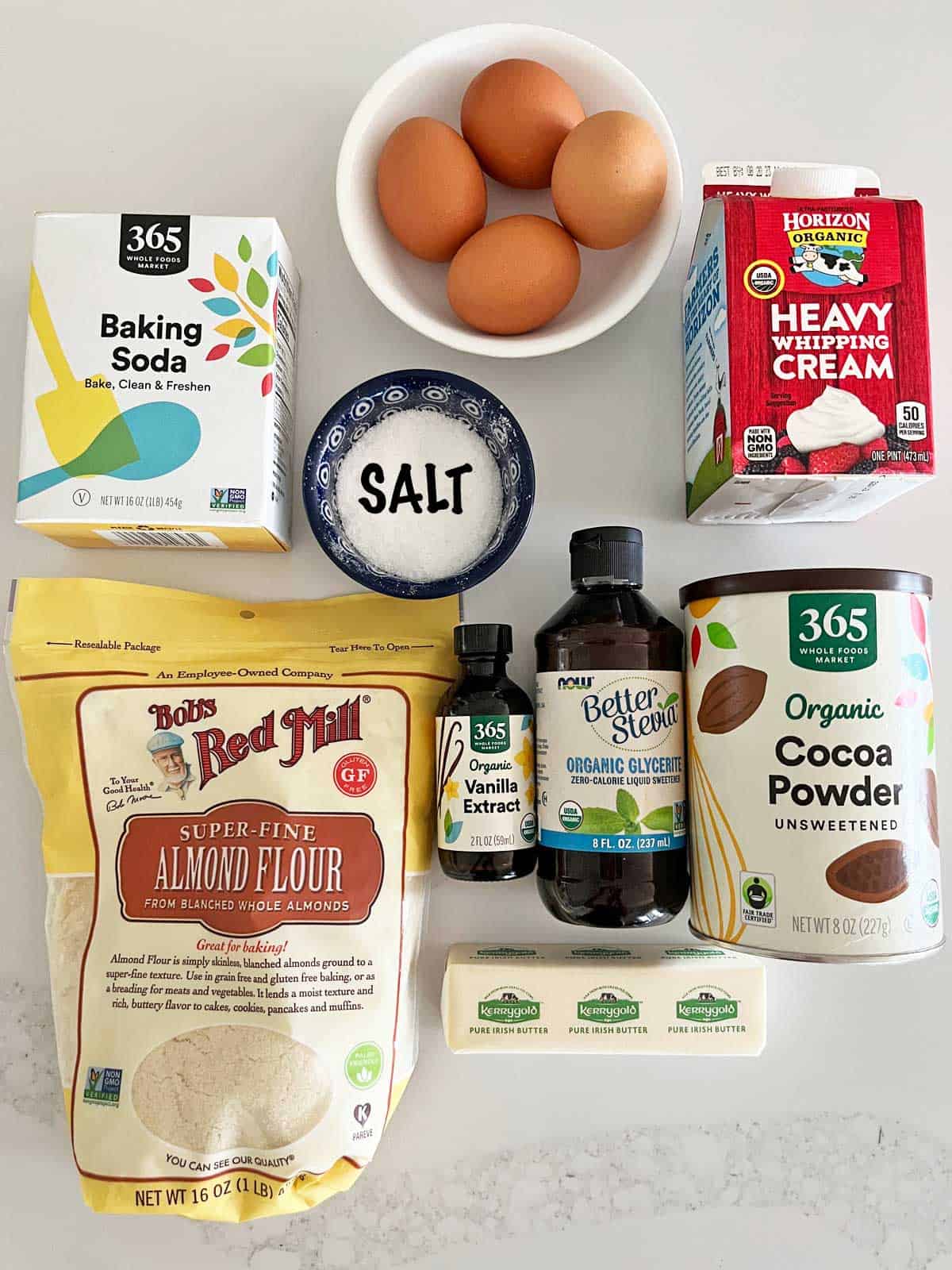 The ingredients needed to make a keto chocolate cake.
