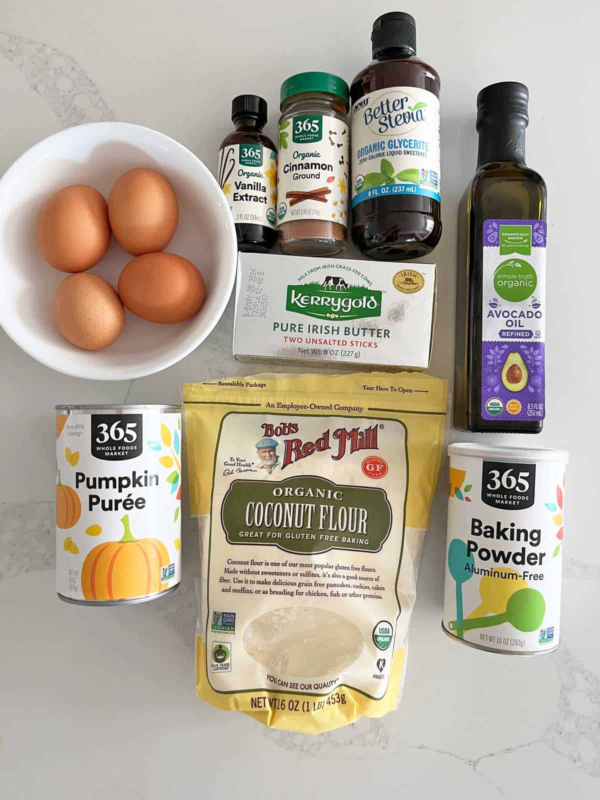 The ingredients needed to make keto pumpkin muffins.