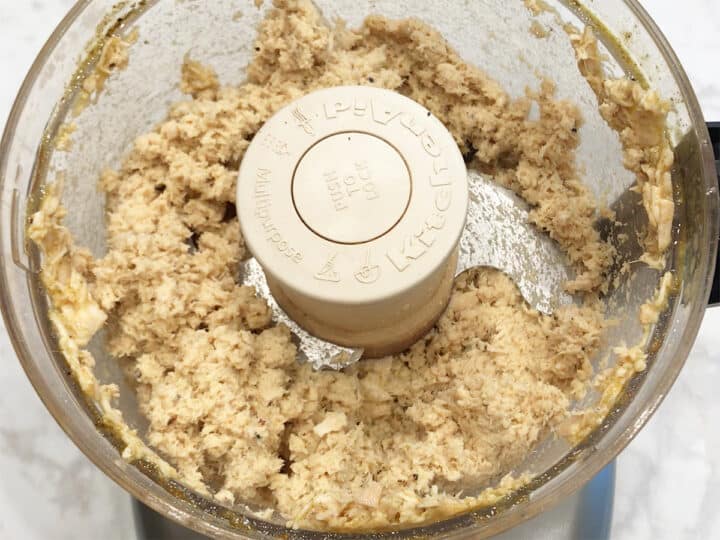 Chicken patties mixture in food processor.