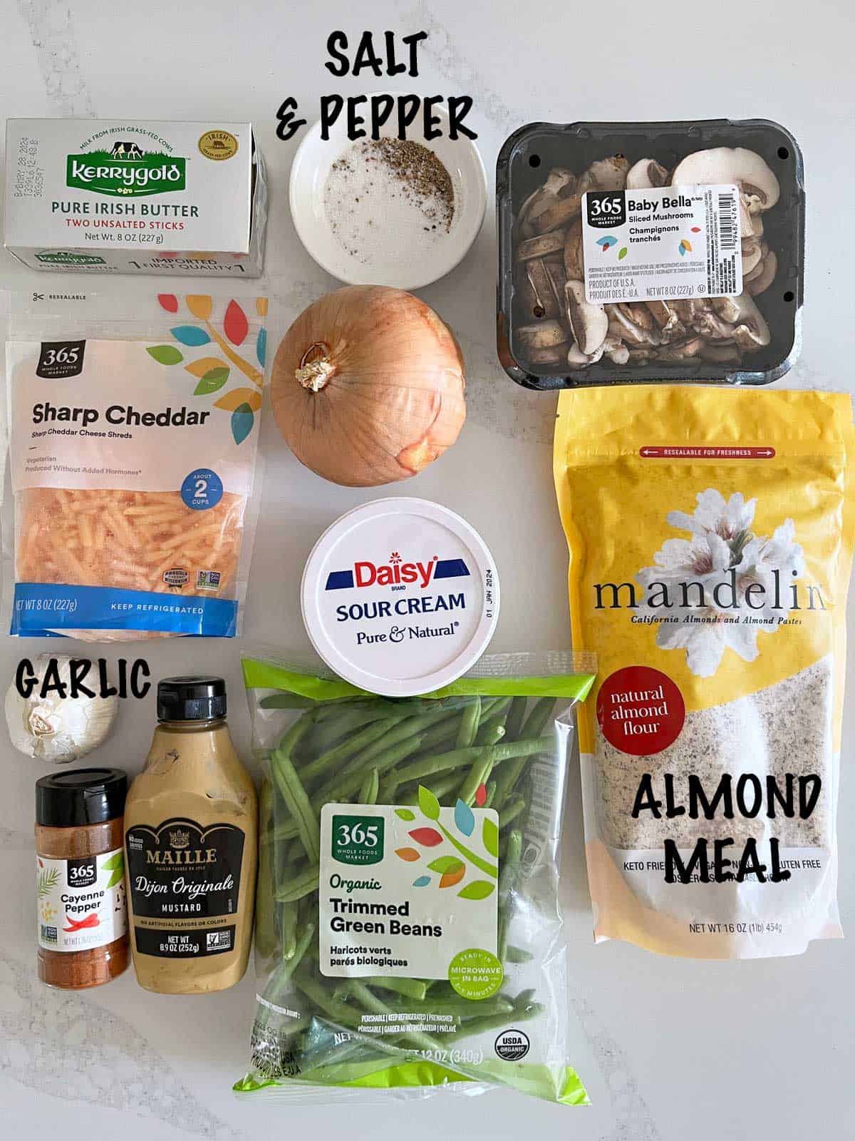 The ingredients needed to make a keto green bean casserole.