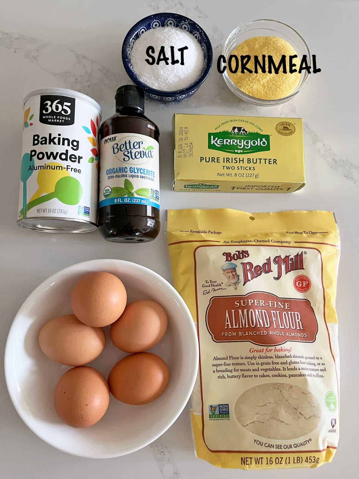 The ingredients needed to bake a keto cornbread.