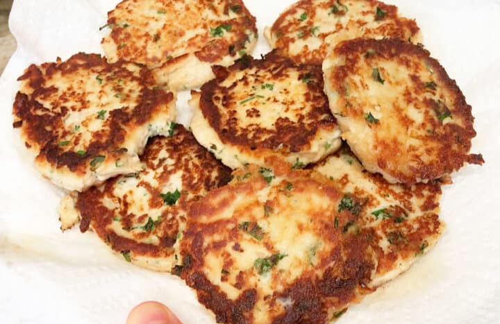 Draining leftover turkey patties on paper towels.