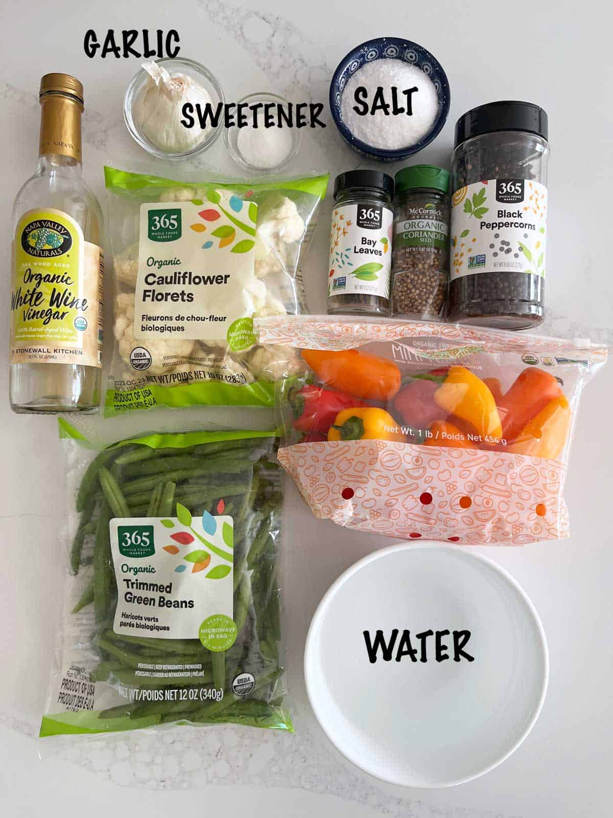 The ingredients needed to make homemade quick pickles.