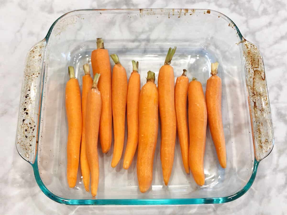 Carrots in a baking dish.