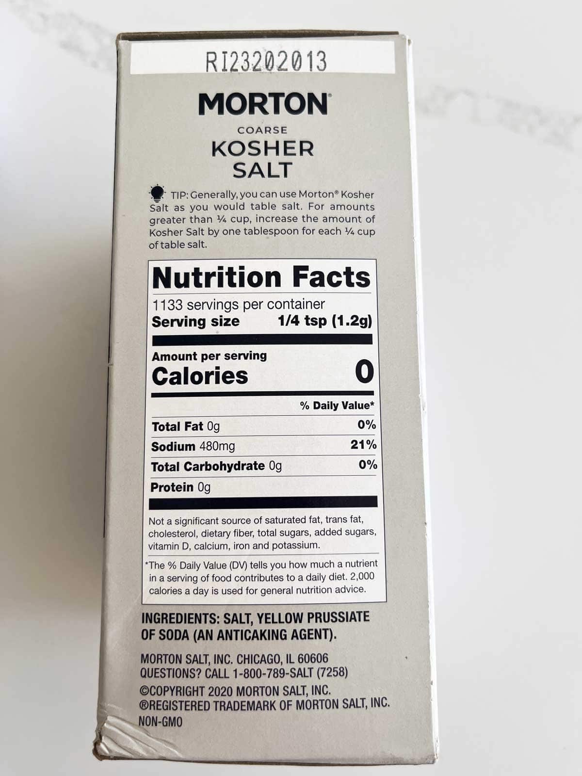 Morton Kosher Salt ingredients.