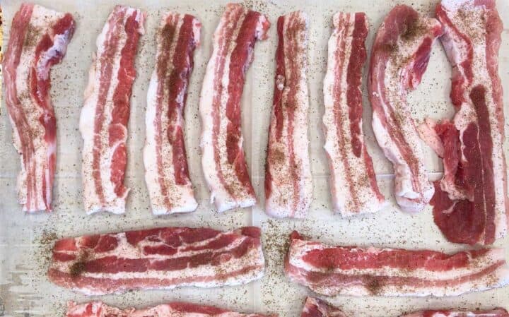 Pork belly strips seasoned with smoked salt.