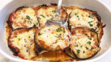 The eggplant casserole is served.