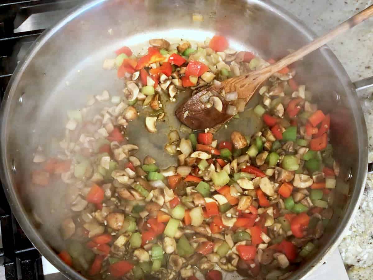 The vegetables are cooked in the skillet.
