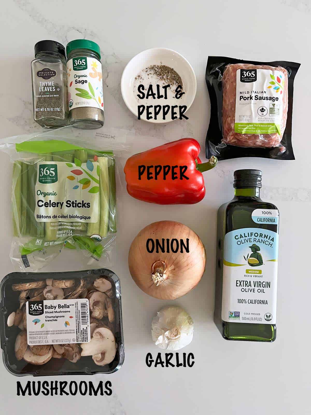 The ingredients needed to make sausage stuffing.