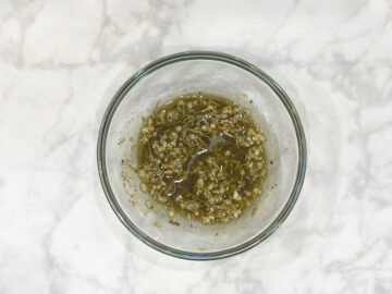 The marinade for a roasted leg of lamb.