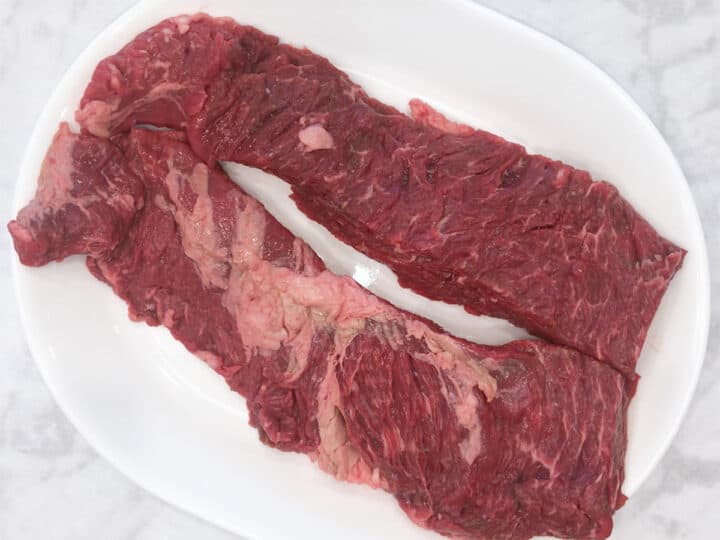 Skirt steak was cut into two pieces.