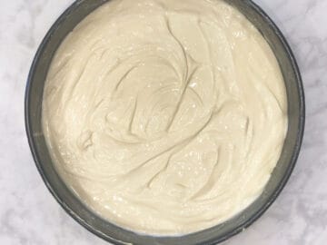 The batter is in the pan, ready to be baked.