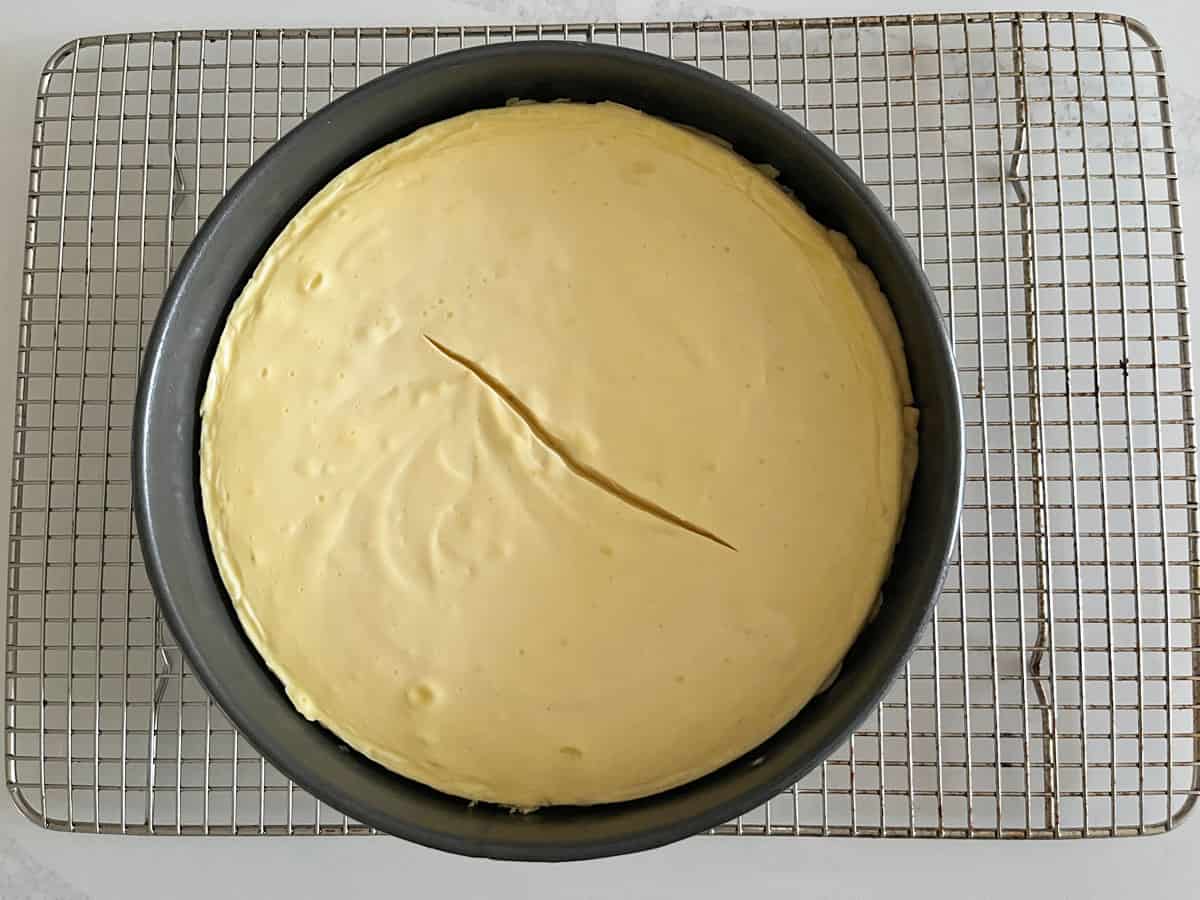 A cheesecake with a crack.