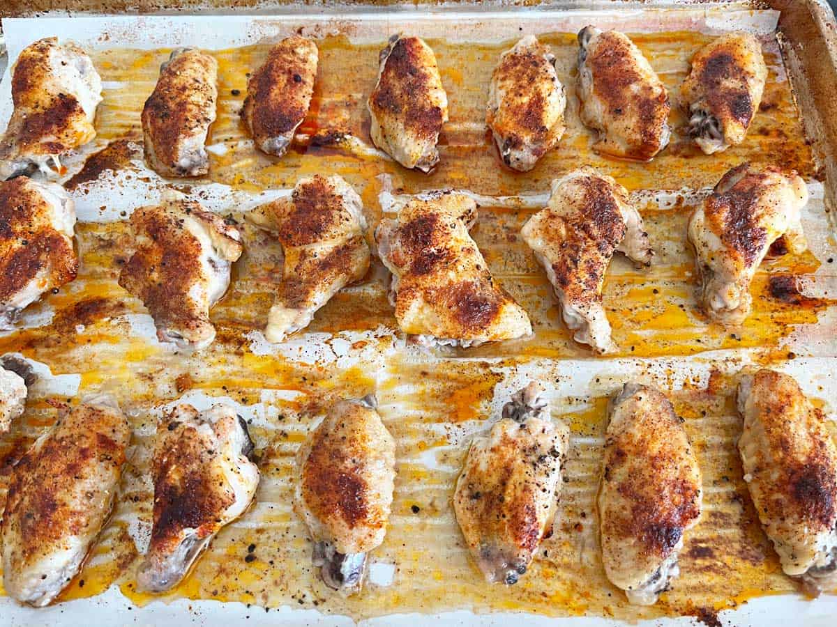 The wings after the first 40 minutes in the oven.