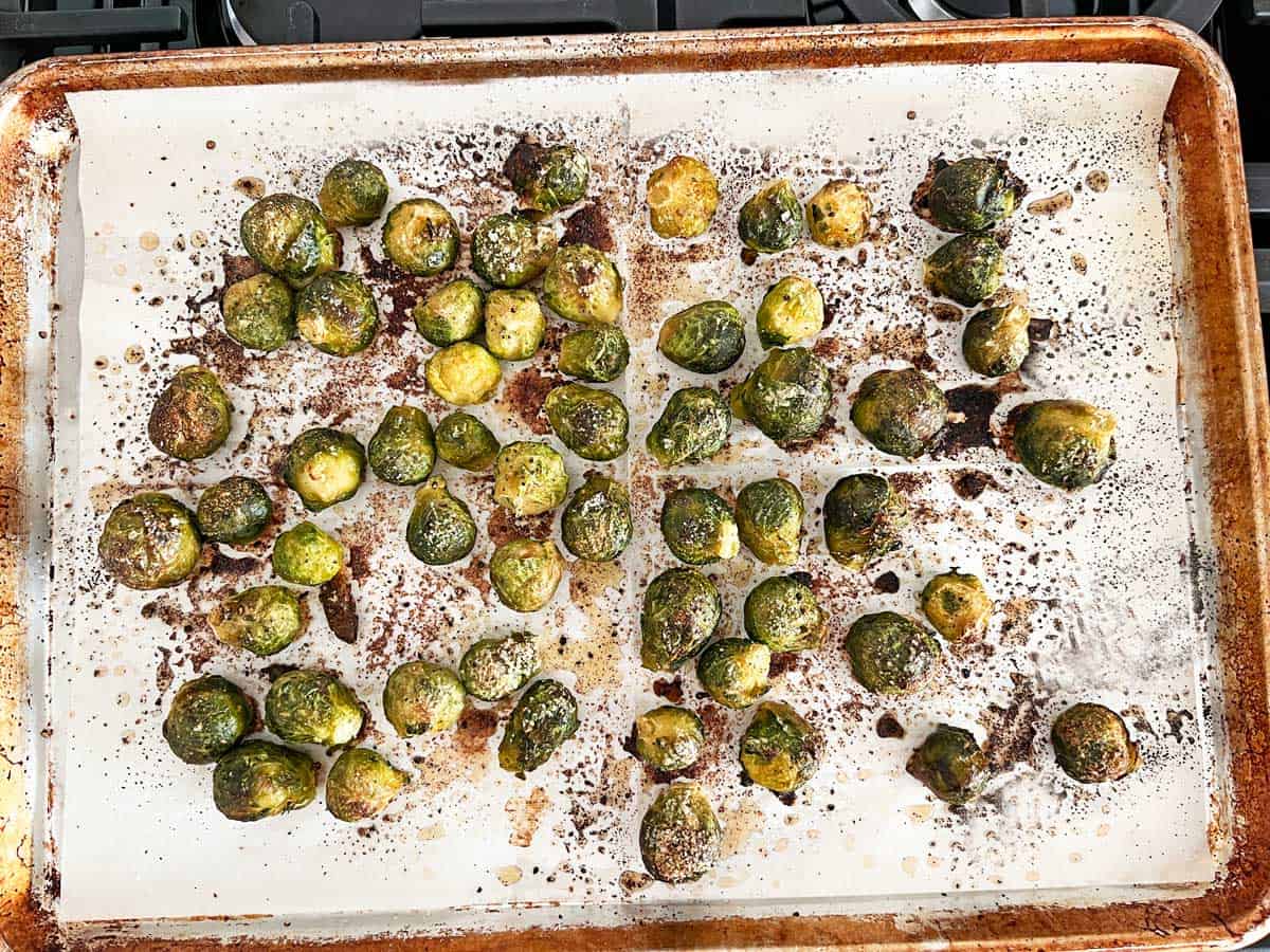Roasted frozen Brussels sprouts after 40 minutes in the oven.
