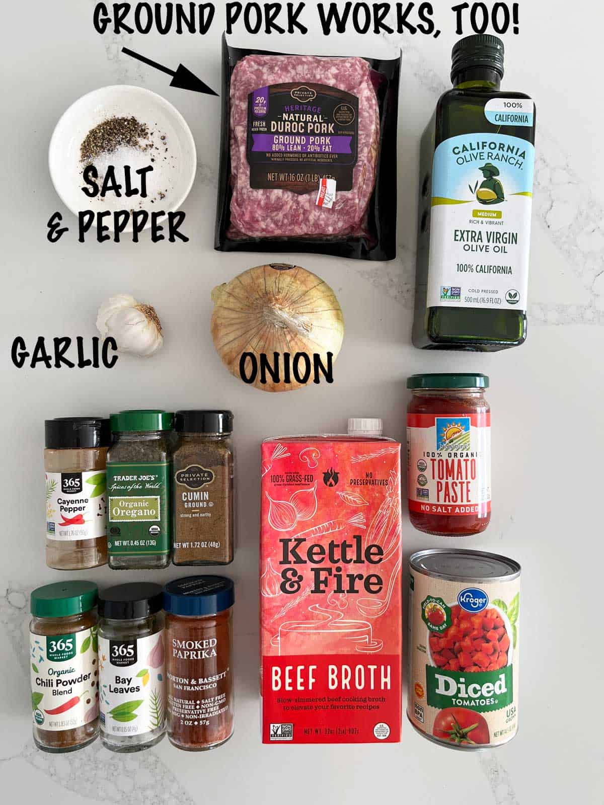 The ingredients needed to make a no-bean chili.