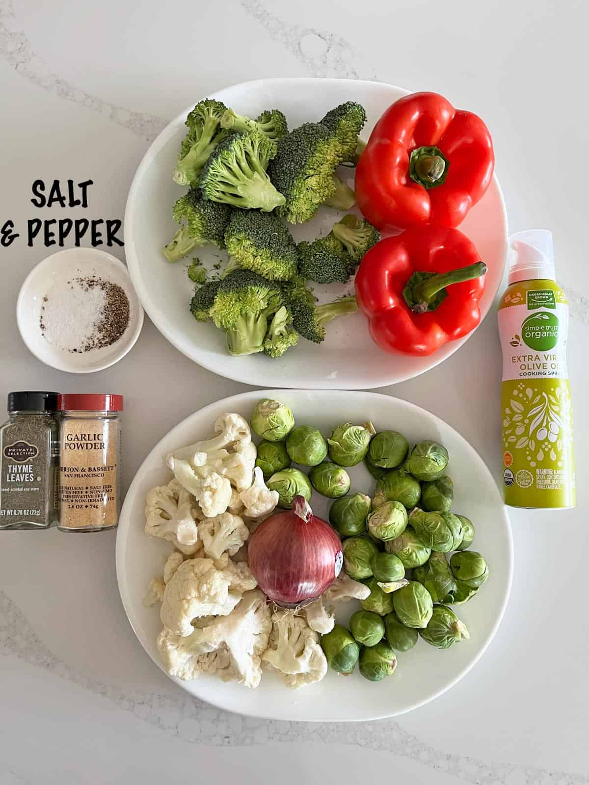 The ingredients needed to roast vegetables.