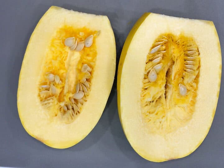 The spaghetti squash was cut into two halves.